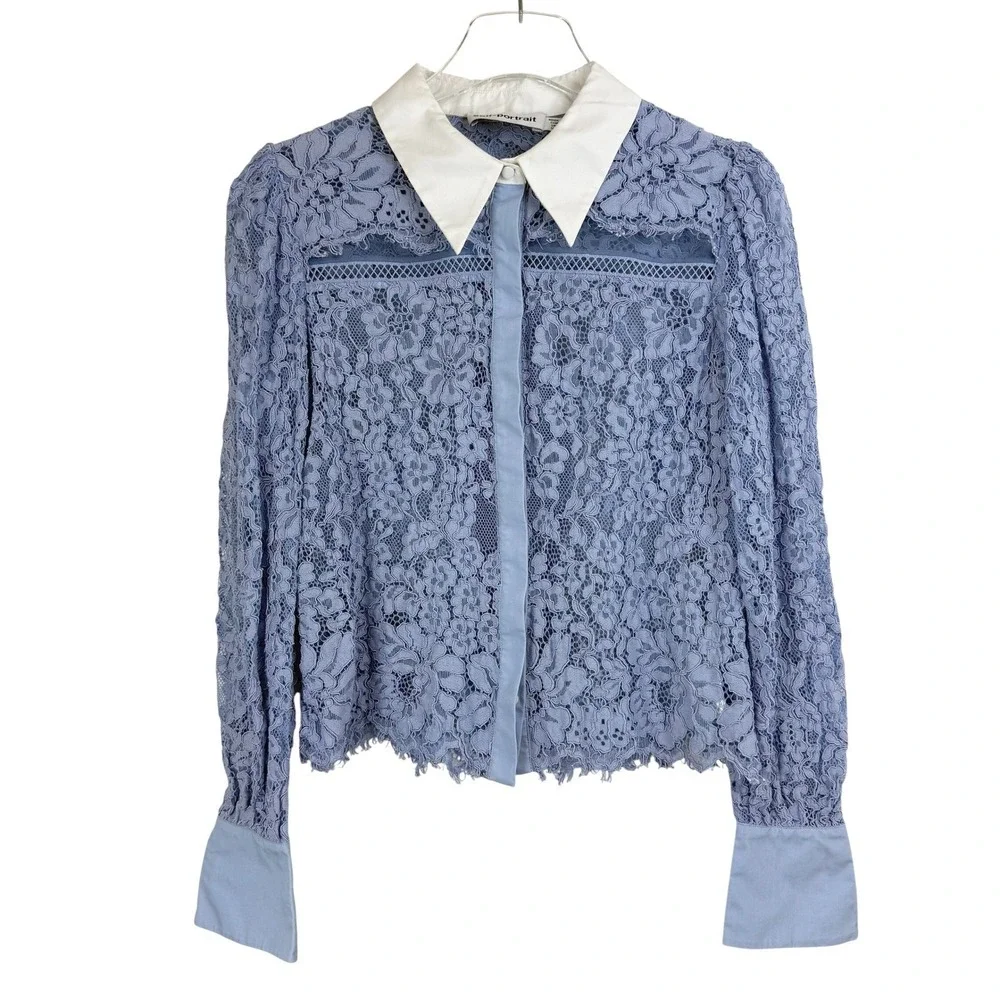 Self Portrait Blue Fine‎ Corded Lace Collared Button Up Shirt Top WOMEN 6 SHEER